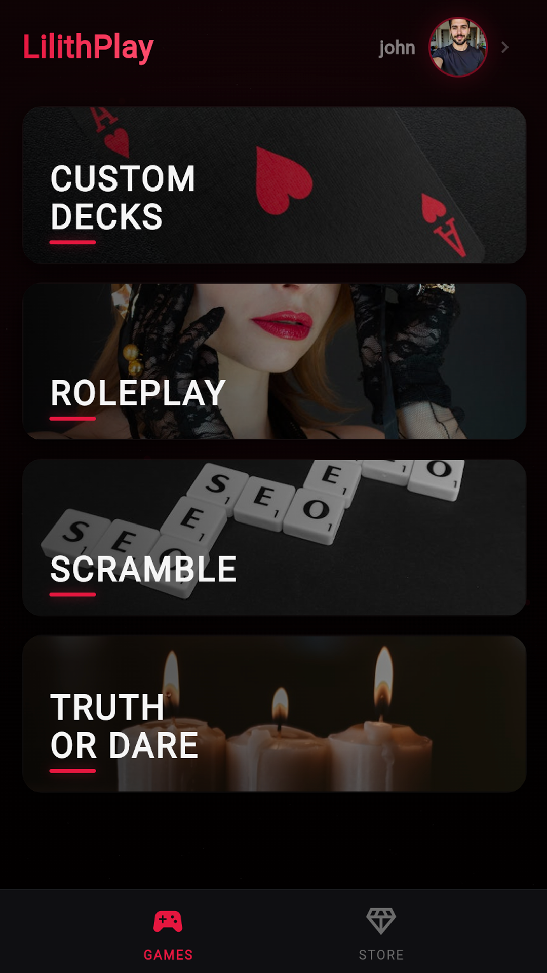 LilithPlay home screen showing 4 game modes